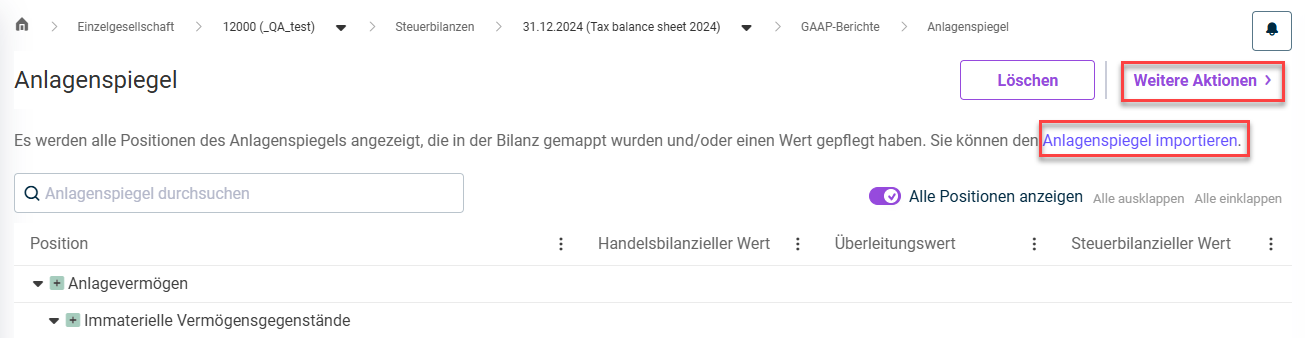 Zeigt den oberen Abschnitt des Bereichs Anlagenspiegel. Hervorgehoben sind das Menü 'Weitere Aktionen' und der Befehl zum Importieren eines Anlagenspiegels.