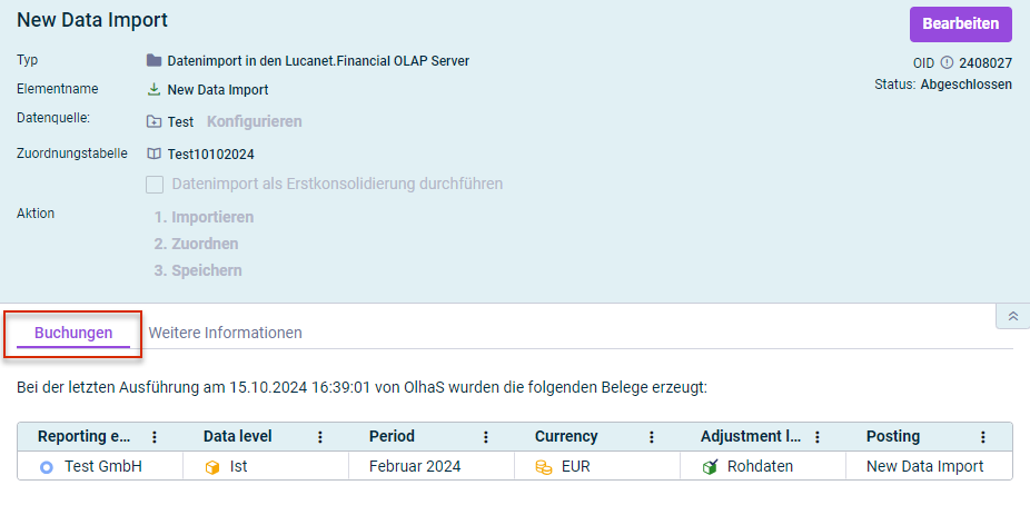 Detail view of a data import with the 'Postings' tab. The tab heading is outlined in red. A posting is displayed on the 'Postings' tab.