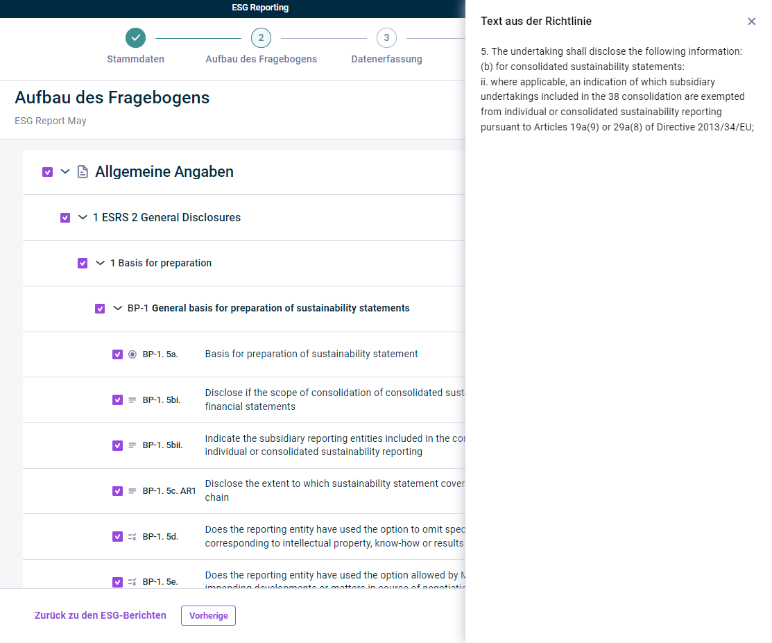 Es wird die Beschreibung zur Frage aus der ESRS-Richtlinie angezeigt.