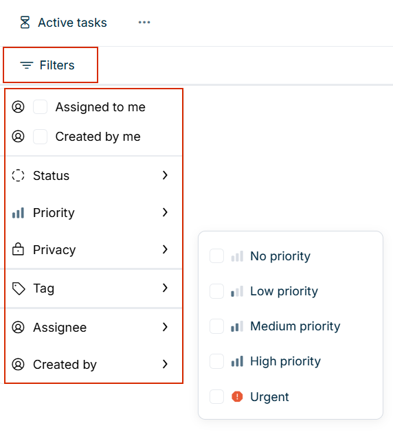 Displays the Filters menu with available filter options for Priority as an example
