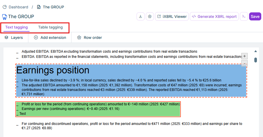 ‘Text tagging’ and 'Table tagging' tabs in XBRL Tagger
