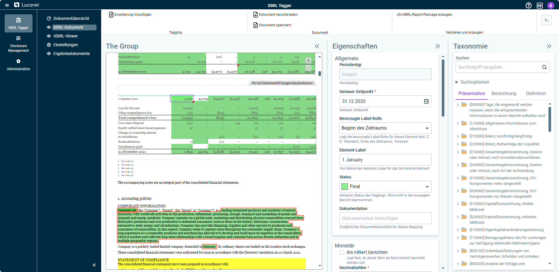 Arbeitsbereich 'XBRL-Dokument' im XBRL-Tagger. Ein Dokument ist geöffnet und ein Tag markiert. Die Eigenschaften des Tags werden in der Mitte, rechts die verwendete Taxonomie angezeigt.