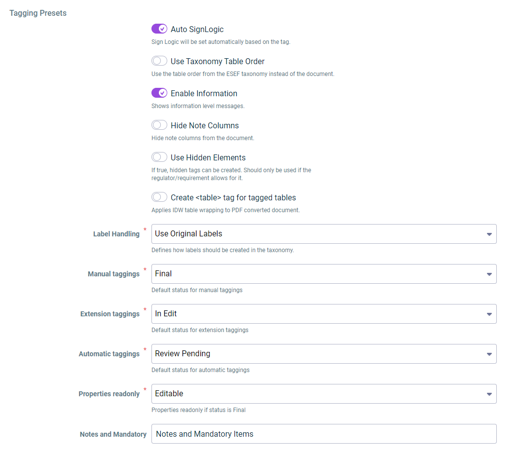 Shows the options for configuring the default settings for tagging.