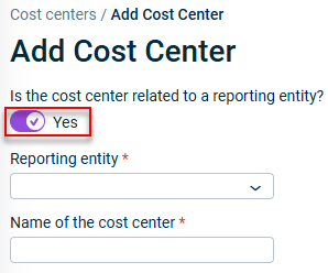 A dialog 'Is the cost center related to a reporting entity' is displayed.