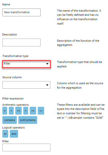 Displays the input fields for the configuration of the aggregation of type Filter. The aggregation type to be selected is outlined in red.