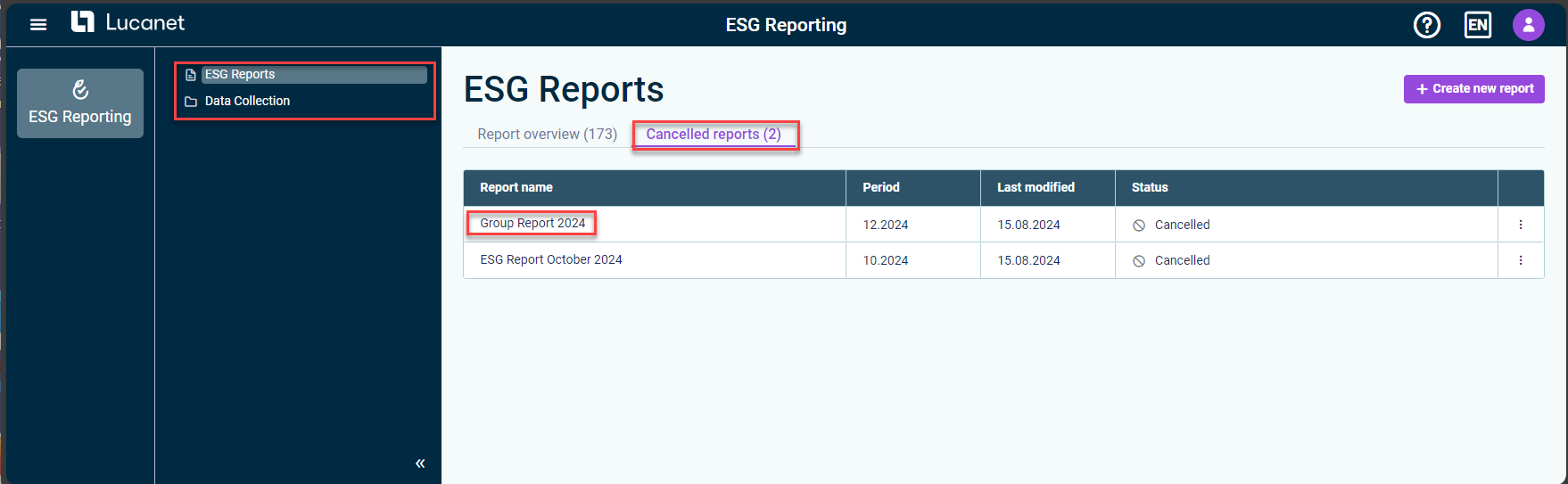 The ESG 'Canceled reports' workspace is displayed. An ESG report in the section 'Report name' is highlighted in red.