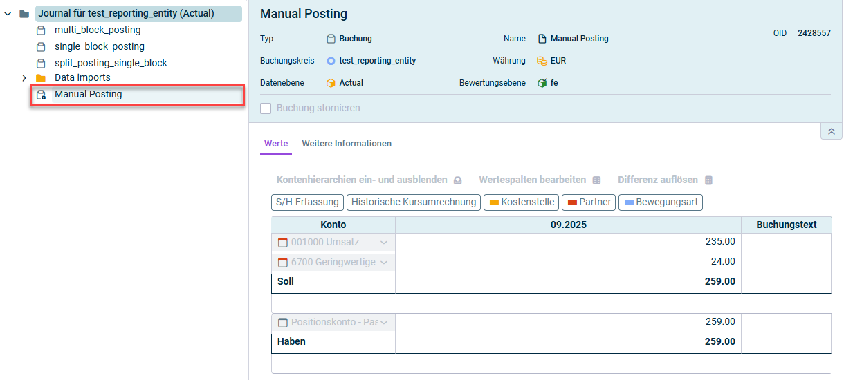 Zeigt ein Journal mit diversen Buchungen an. Rot hervorghoben ist eine abgeschlossene Buchung mit kleinem Schloss-Symbol im Icon.