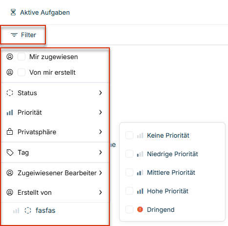 Zeigt das Menü 'Filter' mit den verfügbaren Filteroptionen für 'Priorität' als Beispiel an.