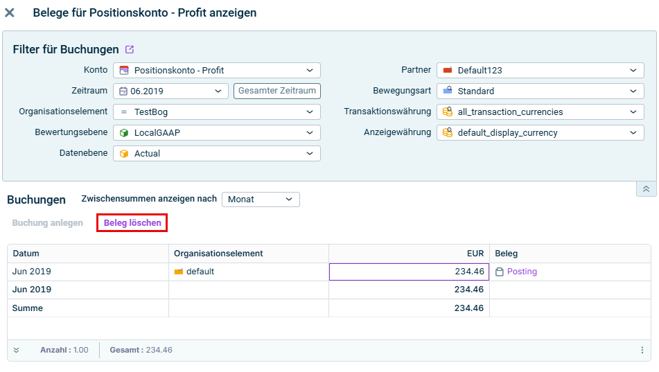 Zeigt den Dialog 'Belege anzeigen'. Rot hervorgehoben ist der Befehl 'Beleg löschen'