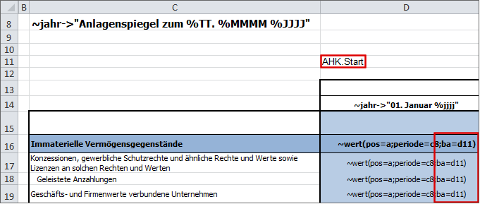 Zeigt einen Excel-Ausschnitt mit einer Tildeformel und einer Tabelle. Rot herovrgehoben ist die Zelle D11 mit der Bewegungsart AHK.Start und den Teil der Tildeformeln mit dem Parameter ba=d11)