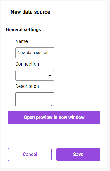 Displays the input fields for configuring the general settings of a data source. Buttons for opening a preview, deleting the data source and canceling and saving the entries can be seen at the bottom.