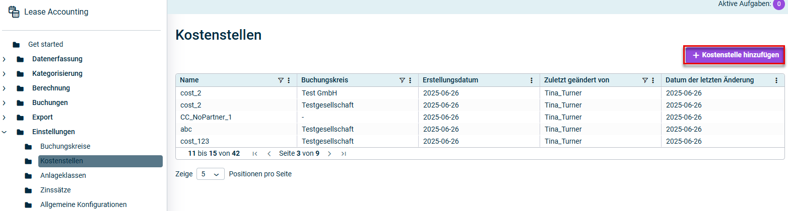 Der Dialog zum Hinzufügen einer neuen Kostenstelle wird angezeigt.