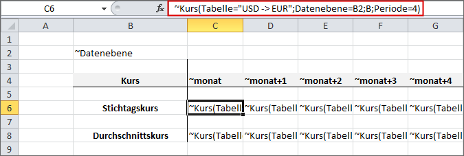 Zeigt einen Excel-Ausschnitt mit einer Tildeformel ~Kurs