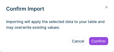 Confirm Import dialog warning that existing collected data will be replaced