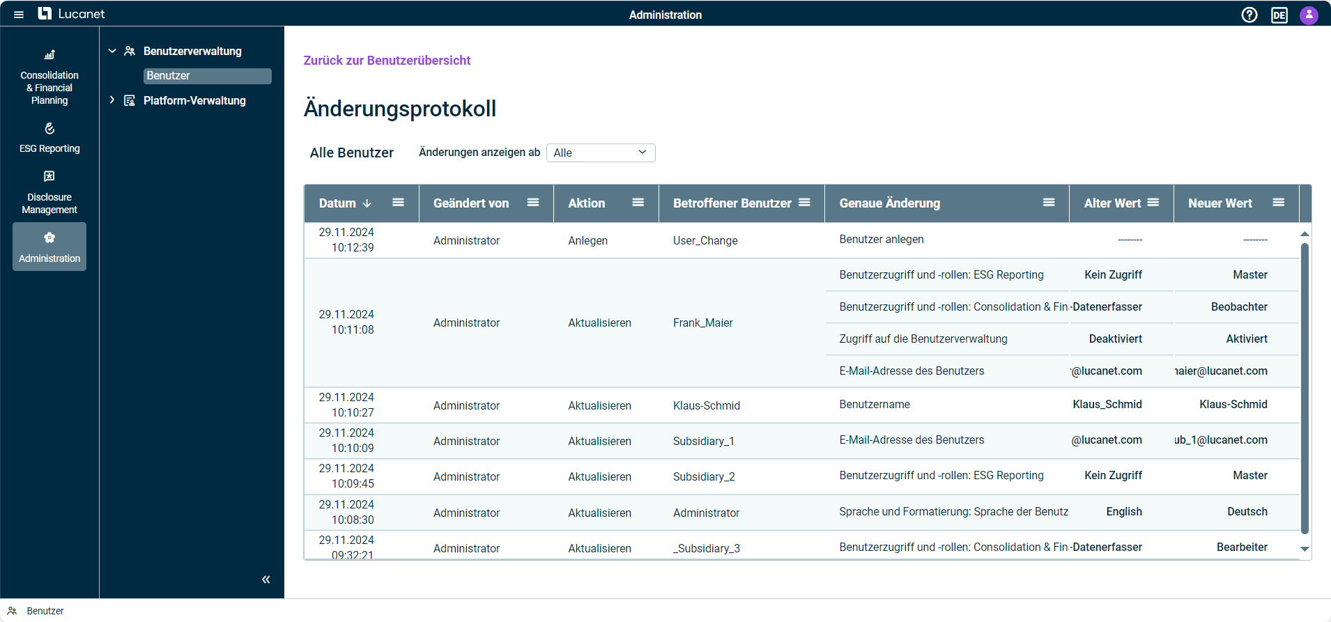 Das allgemeine Änderungsprotokoll in der Benutzerverwaltung wird angezeigt.