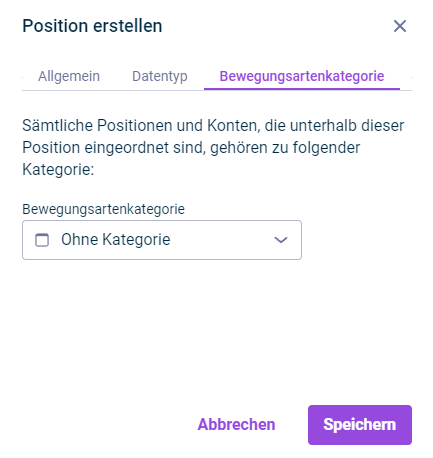 Der Reiter 'Bewegungsartenkategorie' wird im Dialog 'Position erstellen' angezeigt.