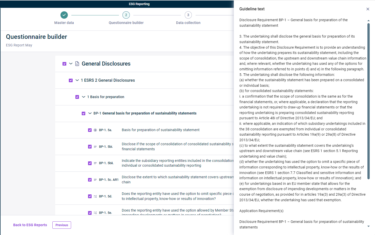 The guideline text for a question from the ESRS questionnaire is displayed.