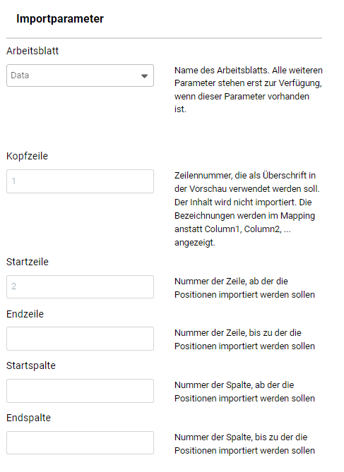 Erforderliche Parameter für Import aus einer Excel-Datei