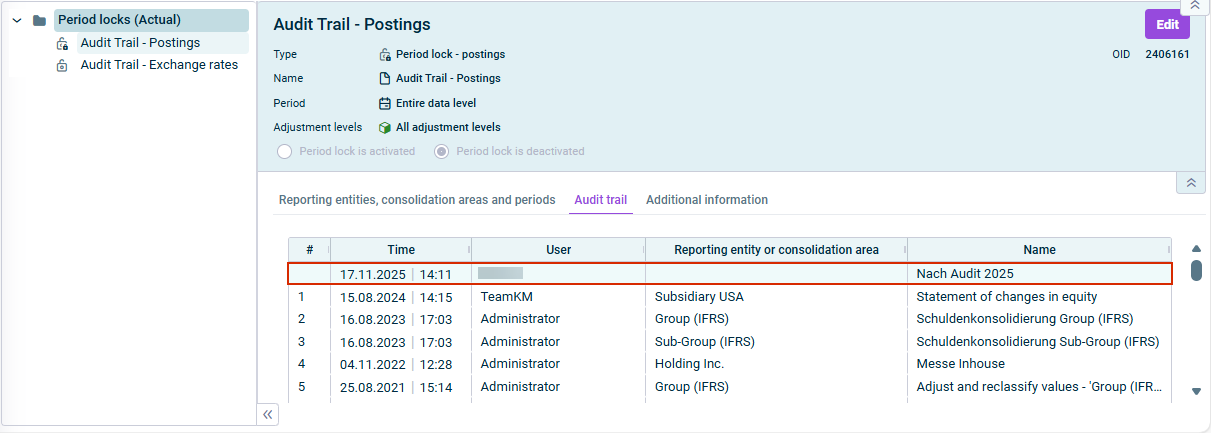 Shows the ‘Audit Trail’ tab for a period lock. A new checkpoint is marked in red.