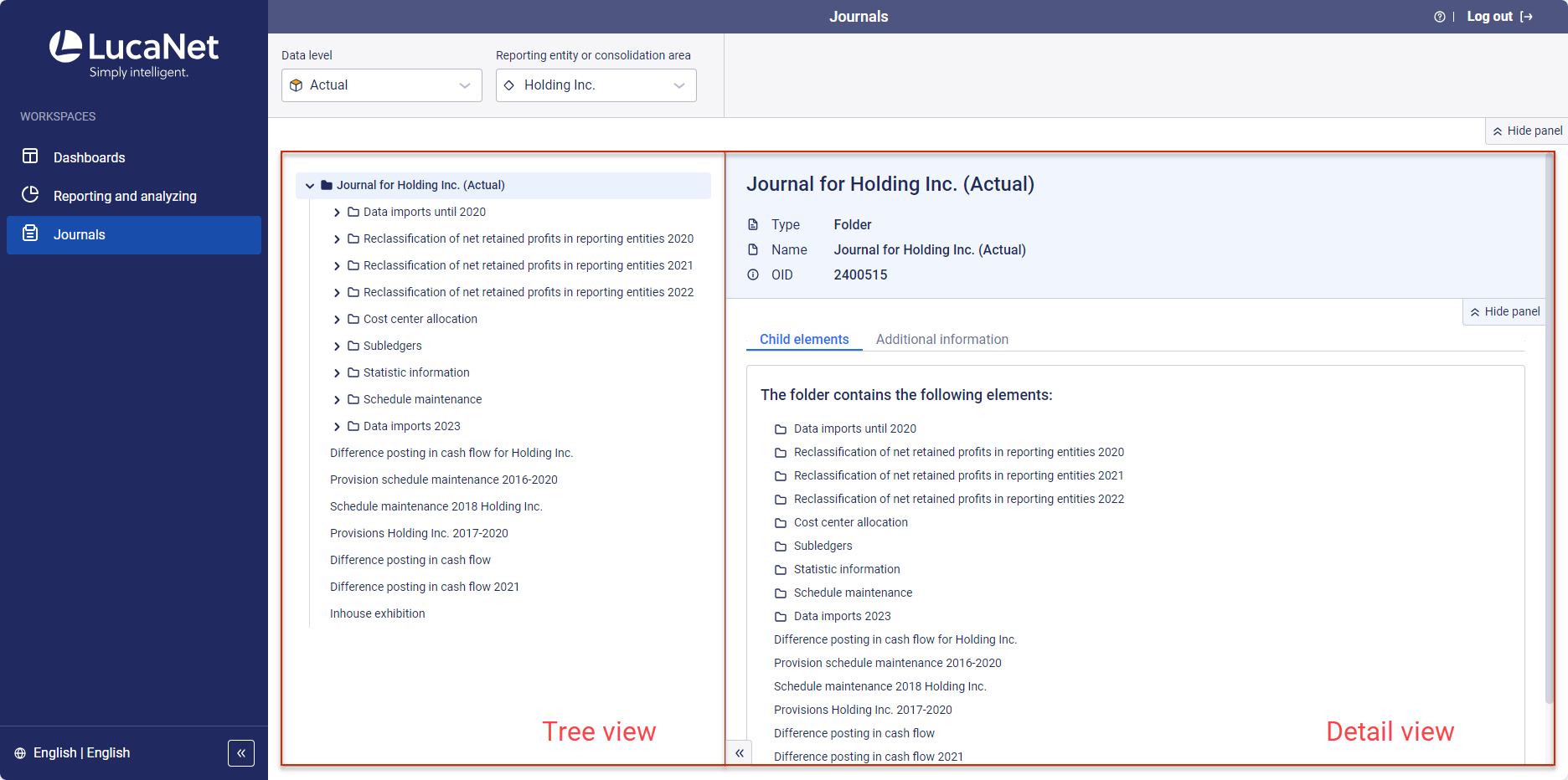 The workspace 'Journals' is displayed with the corresponding tree view (left) and detail view (right).