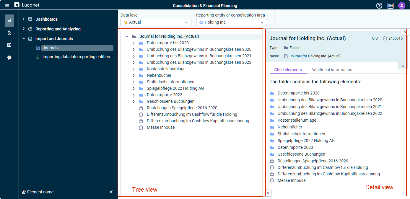 The workspace 'Journals' is displayed with the corresponding tree view (left) and detail view (right).