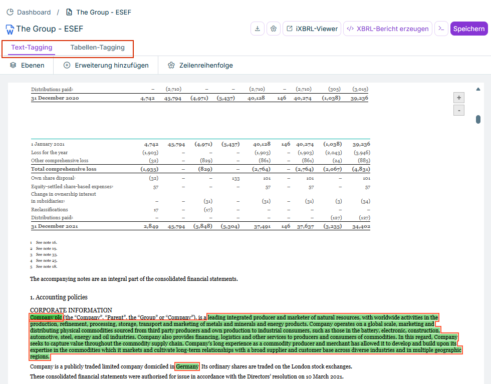 Reiter 'Text-Tagging' und 'Tabellen-Tagging' im XBRL Tagger