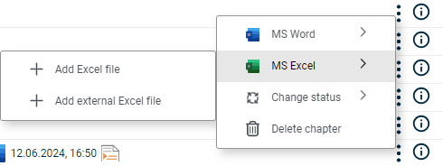 Displays the 'Excel' context menu with the two context menu commands 'Open Excel file' and 'Delete Excel file'.