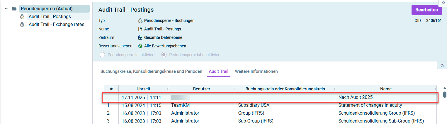 Zeigt den Reiter 'Audit Trail' einer Periodensperre. Rot markiert ist ein neuer Checkpunkt.