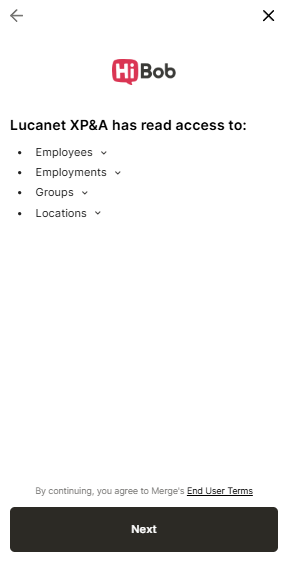 Shows the dialog with the fields that xP&A has access to and below a link to the End User Terms of Merge.