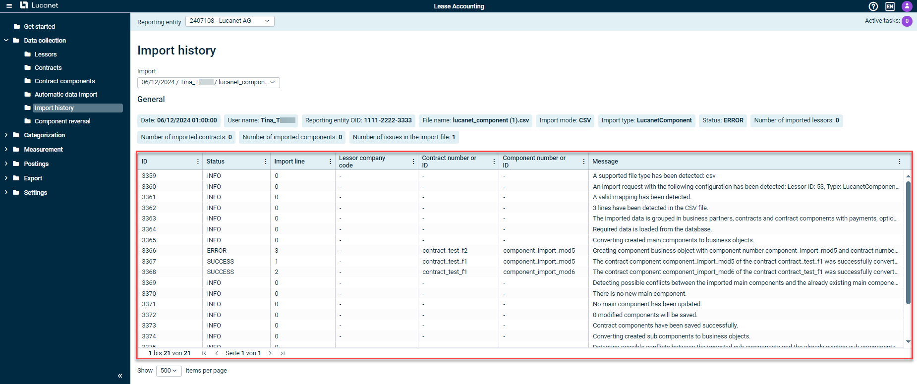 The 'Import history' workspace with the selected import is displayed. The overview table is outlined in red.