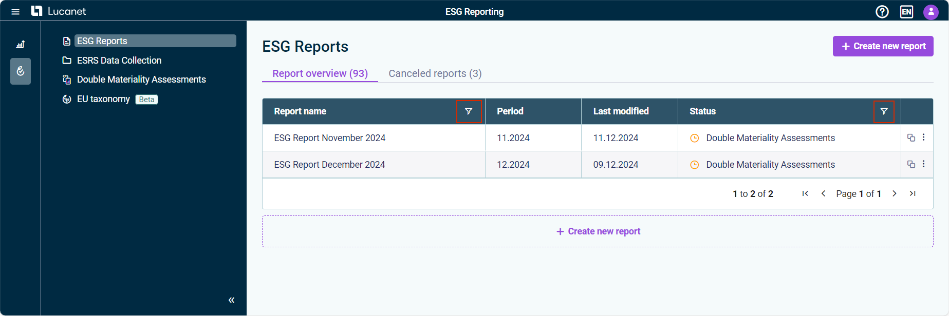 The report overview is displayed. The filter icons in the columns 'Report name' and 'Status' are highlighted in red.