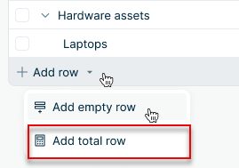 A drop drown menu with an option to add a total row is displayed.