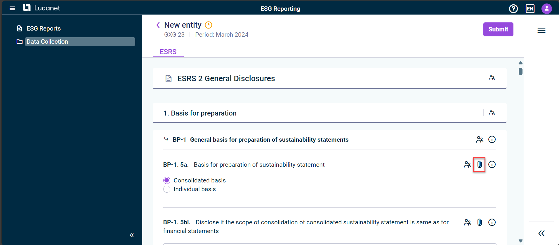 The ESRS tab is displayed. The file-attachment-icon is highlighted in red.