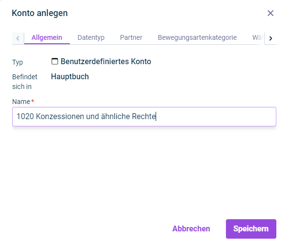 Der Reiter 'Allgemein' wird im Dialog 'Konto anlegen' angezeigt.