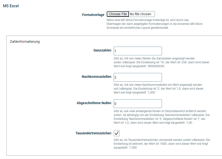 Zeigt die Felder, die in den Dokumenteinstellungen für die Formatvorlage und die Zahlenformatierung in MS Excel konfiguriert werden können