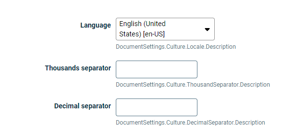 Displays the fields that can be configured in the document settings to localize the language and separators