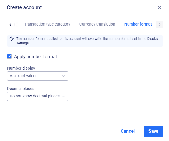 Dialog 'Create account' - 'Number format' tab
