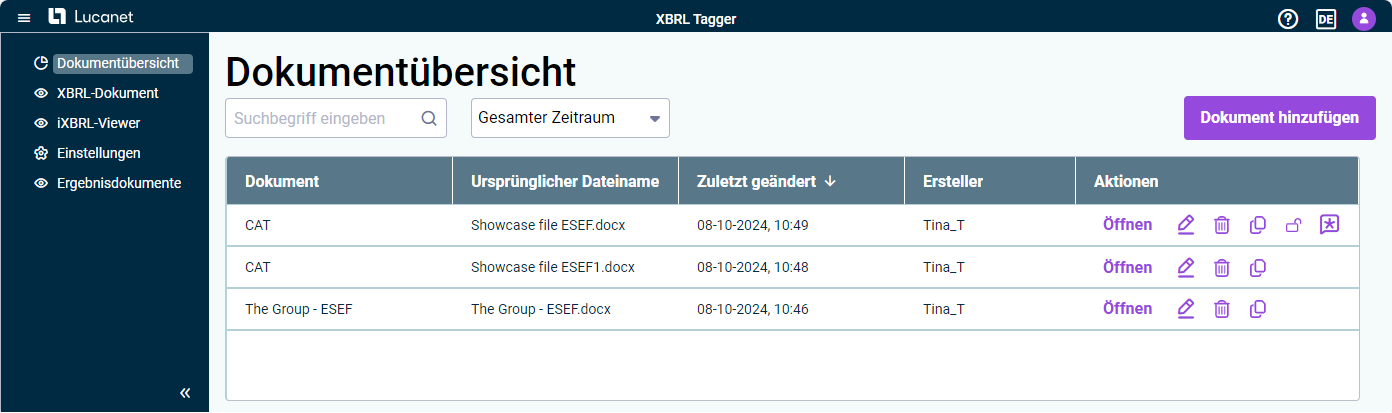 Dashboard im XBRL-Tagger mit vier Dokumenten.