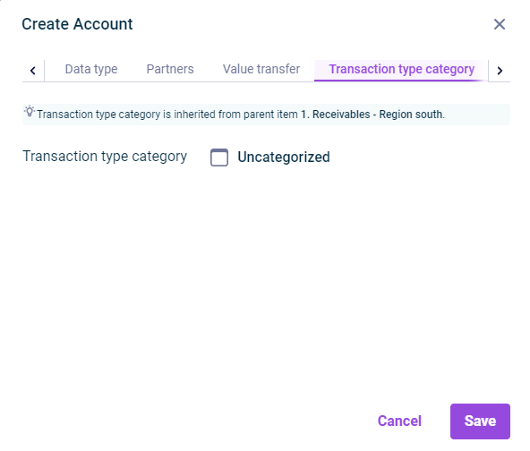 The 'Transaction type category' tab in the 'Create Account' dialog is displayed.