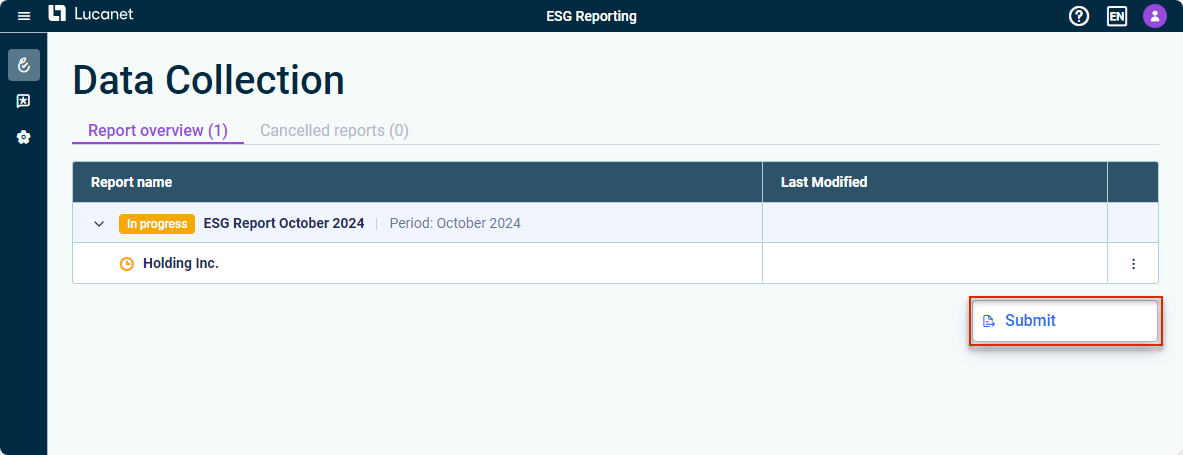 The 'Data Collection' workspace is displayed. The available functionalities for the ESG Data Collector for a specific reporting entity are highlighted in red.