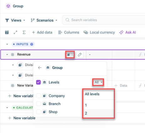 Shows the dimensions menu. Highlighted are the sections where you can select the levels  according to whihc you want to group your dimension