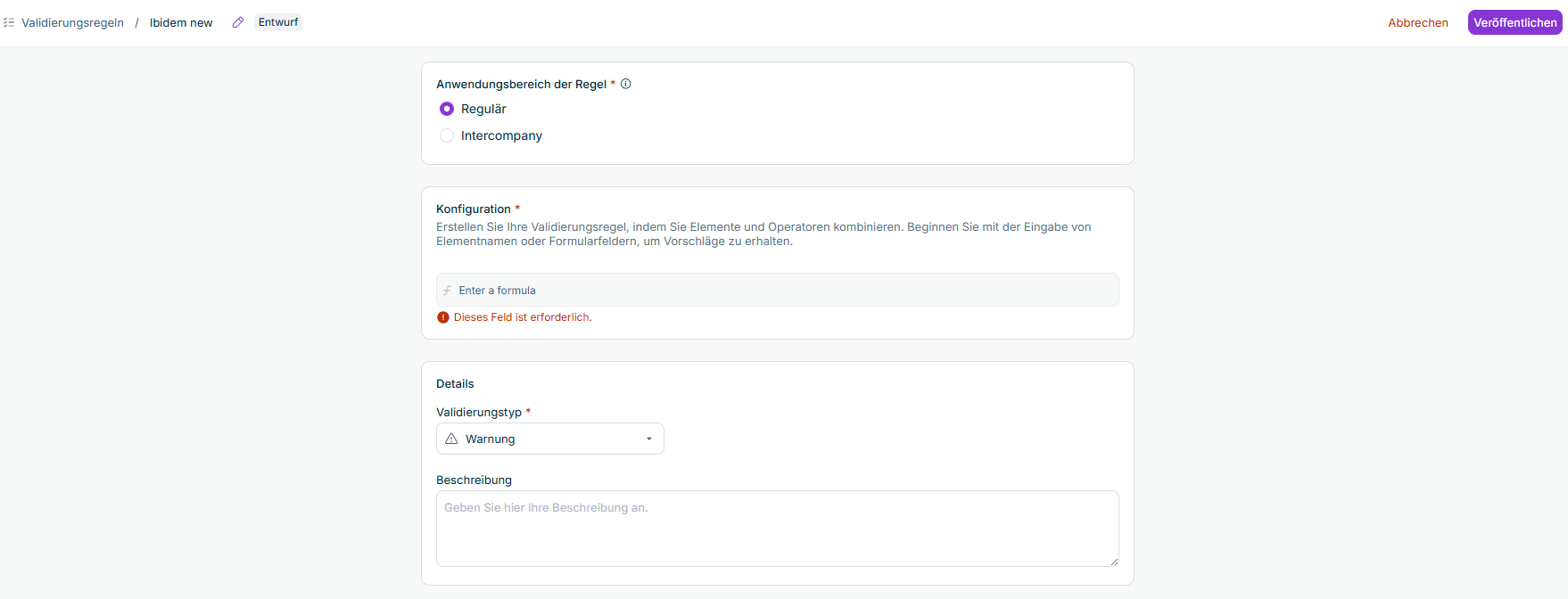 Die Detailansicht einer regulären Validierungsregel wird angezeigt.