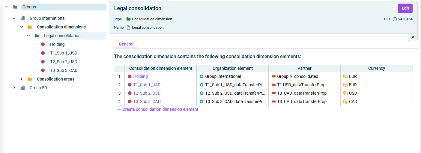 Displays the detail view of a configured consolidation dimension with added consolidation dimension elements