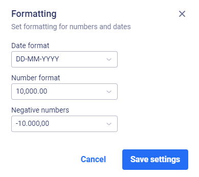 The 'Formatting' dialog is displayed. In this dialog formattings for numbers and data are defined.