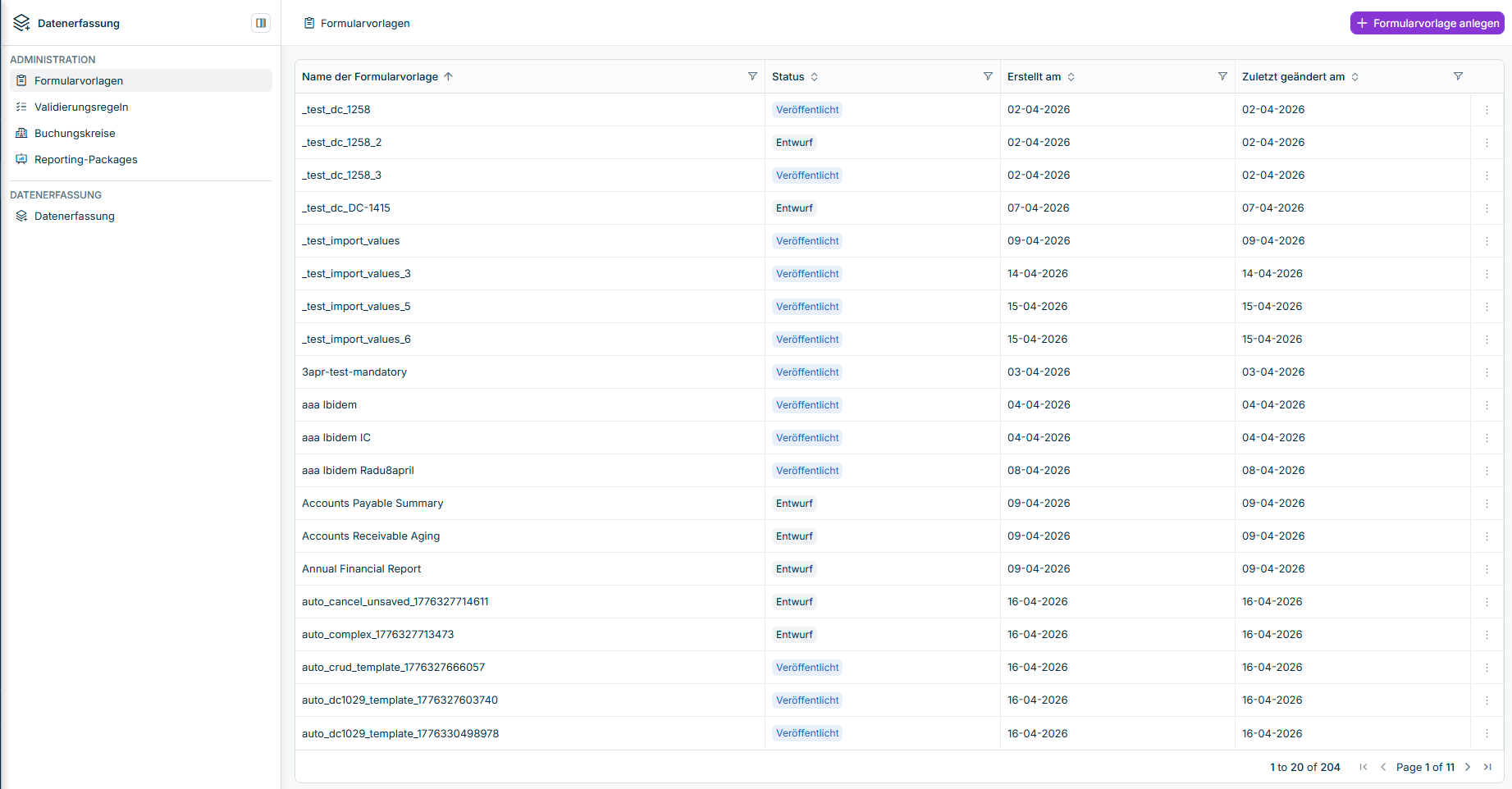 Eine Liste der Formularvorlagen wird angezeigt.