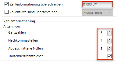 Anzeige der erweiterten Einstellungen in MS Excel. Die Konfiguration der Zahlenformatierung und die dazugehörige Vorschau sind rot umrandet.