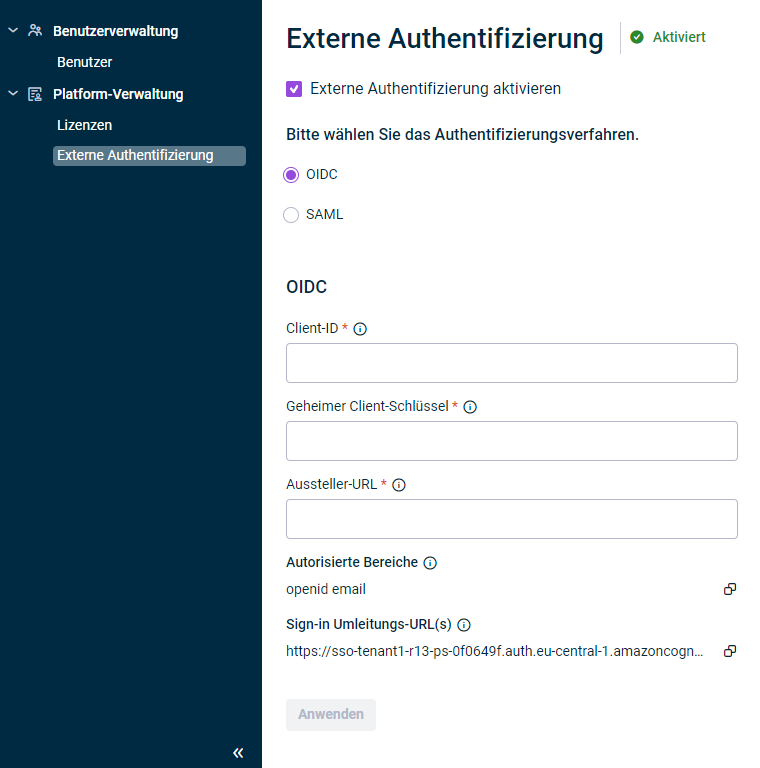 Externe Authentifizierung mit den Optionen zur Konfiguration von 'OIDC'.