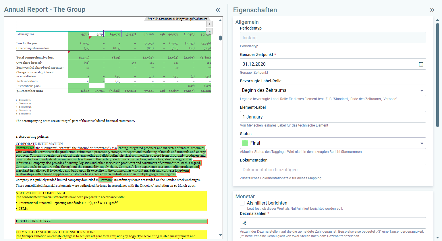 Ausschnitt aus dem Arbeitsbereich 'XBRL-Dokument'. Die Bereiche 'Taxonomie' und 'Eigenschaften' werden angezeigt. Im Dokument ist ein Wert in einer Tabelle markiert. Die Eigenschaften des markierten Werts werden angezeigt. 