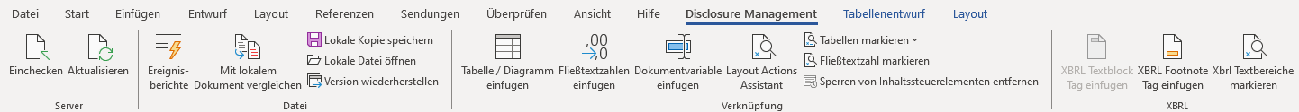 Der Screenshot zeigt das Word-Ribbon für das Disclosure Management 