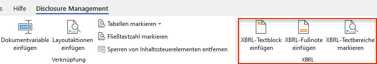 Ausschnitt aus dem Word-Ribbon. Die Gruppe 'XBRL' mit Schaltflächen der XBRL-Funktionen sind rot umrandet. 